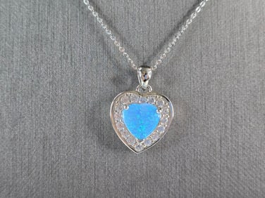 Womens Sterling Silver Blue Opal Heart Pendant Necklace