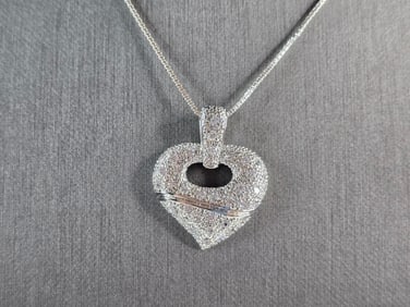 Womens Estate Sterling Silver Heart CZ Pendant W/ Necklace