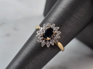 Womens Vintage Estate 14K Yellow Gold Sapphire & Diamond Ring