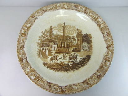 Brown & White Transferware Porcelain Charger Plate: LARGE HAND DECORATED BROWN & WHITE CHARGER WITH EUROPEAN SCENE AND ANTIQUED CRACKLE GLAZE FINISH MEASURES 19 INCHES IN DIAMETER. WOULD LOOK GREAT IN ANY ROOM IN YOUR HOUSE. IF THERE ARE ANY ISSUES PLE