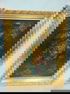 19TH C. ANTIQUE OIL ON CANVAS FLORAL PAINTING: A BEAUTIFUL PRIMITIVE ANTIQUE EARLY TO MID 19TH C. OIL ON CANVAS STILL LIFE FLORAL PAINTING THAT IS SIGNED "WATERBURY". THE PAINTING WITH THE FRAME MEASURES 33 1/2" BY 26 1/4". CONDITION OF THE PAINTI