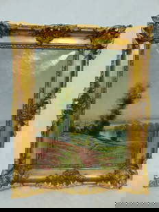 ANTIQUE ARTIST SIGNED LANDSCAPE OIL PAINTING ON CANVAS: A BEAUTIFUL SIGNED OIL PAINTING ON CANVAS THAT MEASURES 33 3/4" BY 27 3/4" AND THE VIEWABLE MEASUREMENT IS 25 3/4" BY 19 1/4". THE PAINTING IS SIGNED BUT I AM NOT 100% SURE WHAT IT READS. LOOKS AS THO