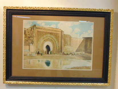 Vintage Antique Aquatint Etching Print Maurice Romberg: A FANTASTIC ANTIQUE AQUATINT ETCHING ENTITLED "MARRAKECH" DONE BY LISTED FRENCH ARTIST MAURICE ROMBERG. PIECE MEASURES 41 1/4" BY 29 1/4" WITH THE FRAME. CONDITION OF THE PIECE IS GREAT FOR ITS AGE. A