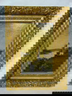 ANTIQUE EUROPEAN RUINS LANDSCAPE OIL PAINTING ON CANVAS: A BEAUTIFUL ANTIQUE OIL PAINTING ON CANVAS THAT MEASURES 25" BY 19" WITH THE FRAME. THE VIEWABLE MEASUREMENT IS 16" BY 10". THE PAINTING IS UNSIGNED. CONDITION ISNT BAD FOR ITS AGE. DOES HAVE SOME CRA
