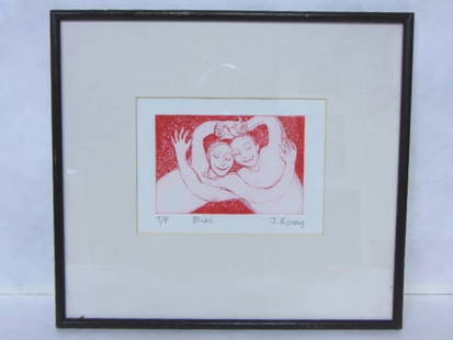 DECORATIVE ETCHING PRINT BY JENNY RONAY "BLISS": A DECORATIVE ETCHING PRINT DONE BY ENGLISH ARTIST AND TEACHER JENNY RONAY. PIECE MEASURES 13 3/4" BY 12 1/4" AND IS SIGNED BY THE ARTIST. SHIPPING AND HANDLING IS $20 WITHIN THE CONTINENTAL U.S.