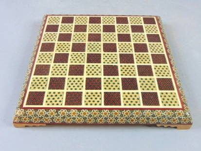 Full Set of Chess W/ Khatam Marquetry Inlay Board: FOR SALE IS THIS FULL SET OF CHESS WITH A MIDDLE EASTERN KHATAM MARQUETRY INLAY CHECKERS OR CHESS BOARD. BOARD MEASURES 9 3/4" LONG BY 9 3/4" WIDE BY 1 3/8" TALL. BOARD IS IN GOOD CONDITION. MARQUETRY