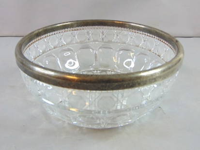 Waterford Design Pressed Glass W/ Silver Plate Bowl: A VINTAGE DECORATIVE PRESSED GLASS WITH SILVER PLATE BOWL. LOOKS SIMILAR TO WATERFORD DESIGNS NOT SURE IF MADE BY THEM. BOWL MEASURES 4 1/8" TALL BY 8 5/8" LONG. BE SURE TO CHECK OUT SOME OF OUR OTHER