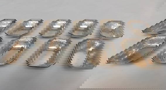 9 ANTIQUE GORHAM STERLING SILVER DISHES: A LOT OF 9 ANTIQUE ART NOUVEAU STERLING SILVER JE CALDWELL DISHES THAT WERE MADE FOR GORHAM . THEY ARE OCTAGON SHAPED NUT DISHES OR SALT NIP DISHES THAT MEASURE 3 3/8" LONG BY 2 1/4" WIDE, BY ABOUT 3/