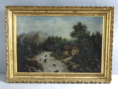 Vintage Artist Signed Mountain Scene Painting On Canvas: A VINTAGE ARTIST SIGNED MOUNTAIN SCENE PAINTING ON CANVAS. PAINTING MEASURES 28 1/2" BY 20 1/2" WITH THE FRAME. PAINTING IS SIGNED VAD 15, NOT SURE WHO THE ARTIST IS. FRAME HAS SOME BLEMISHES AND PAIN