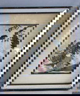 Vintage Estate Framed Japanese Wood Block Print: A VINTAGE ESTATE FRAMED JAPANESE WOOD BLOCK PRINT THAT MEASURES 11 3/4" BY 13 3/4". CONDITION OF THE PRINT IS GREAT FOR ITS AGE. ITS A VERY NICE DECORATORS PIECE. FRAME HAS BLEMISHES AMD CHIPS ON THE