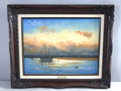 Vintage Original "Twlight" Artist Signed Framed Oil Painting: FOR SALE IS THIS VINTAGE ORIGINAL "TWLIGHT" ARTIST SIGNED FRAMED OIL PAINTING. PAINTING IS SIGNED BY ARTIST BUT UNABLE TO MAKE OUT THE NAME, LOOKS LIKE ARMINE. THE FRAME MEASURES 21 1/4" BY 17 1/4". F