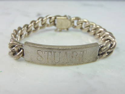 Mens Vintage Estate Sterling Silver Stuart ID Bracelet: A MENS VINTAGE ESTATE STERLING SILVER STUART ID BRACELET. THE BRACELET MEASURES 7 3/4" LONG BY 1/2" WIDE AND WEIGHS 51.2g. THE ID BAR MEASURES 1/2" BY 2". ID BAR HAS SOME ENGRAVING BUT CAN BE