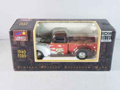 Vintage Limited Edition Collector 1940 Ford Mug Root Beer Die Cast Bank: VINTAGE LIMITED EDITION COLLECTOR 1940 FORD MUG ROOT BEER DIE CAST BANK THAT IS IN VERY GOOD CONDITION. BOX HAS SOME BLEMISHES AS SEEN IN THE PICTURES, WOULD BE BUYING AS IS. SHIPPING AND HANDLING IS