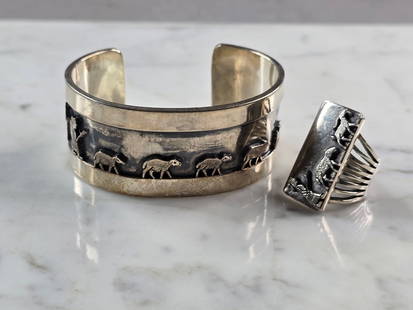 Vintage Sterling Silver Clarence Lee Navajo Cuff Bracelet Ring: A BEAUTIFUL VINTAGE ESTATE STERLING SILVER NAVAJO CUFF BRACELET AND RING THAT IS SIGNED BY " CLARENCE LEE". THE BRACELET MEASURES 6" IN CIRCUMFERENCE, BY ABOUT 1" WIDE. THE RING IS A SIZE 6.75. AND ME