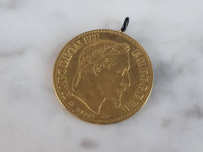 Rare 1865 French France 10 Francs Gold Coin Pendant: A RARE 1865 FRENCH 10 FRANCS GOLD COIN PENDANT. THE PENDANT MEASURES 3/4", AND WEIGHS 3.2g. COIN APPEARS TO BE IN VERY GOOD CONDITION, HOWEVER WE ARE NOT COIN EXPERTS SO WE ARE LEAVING THE GRADING TO