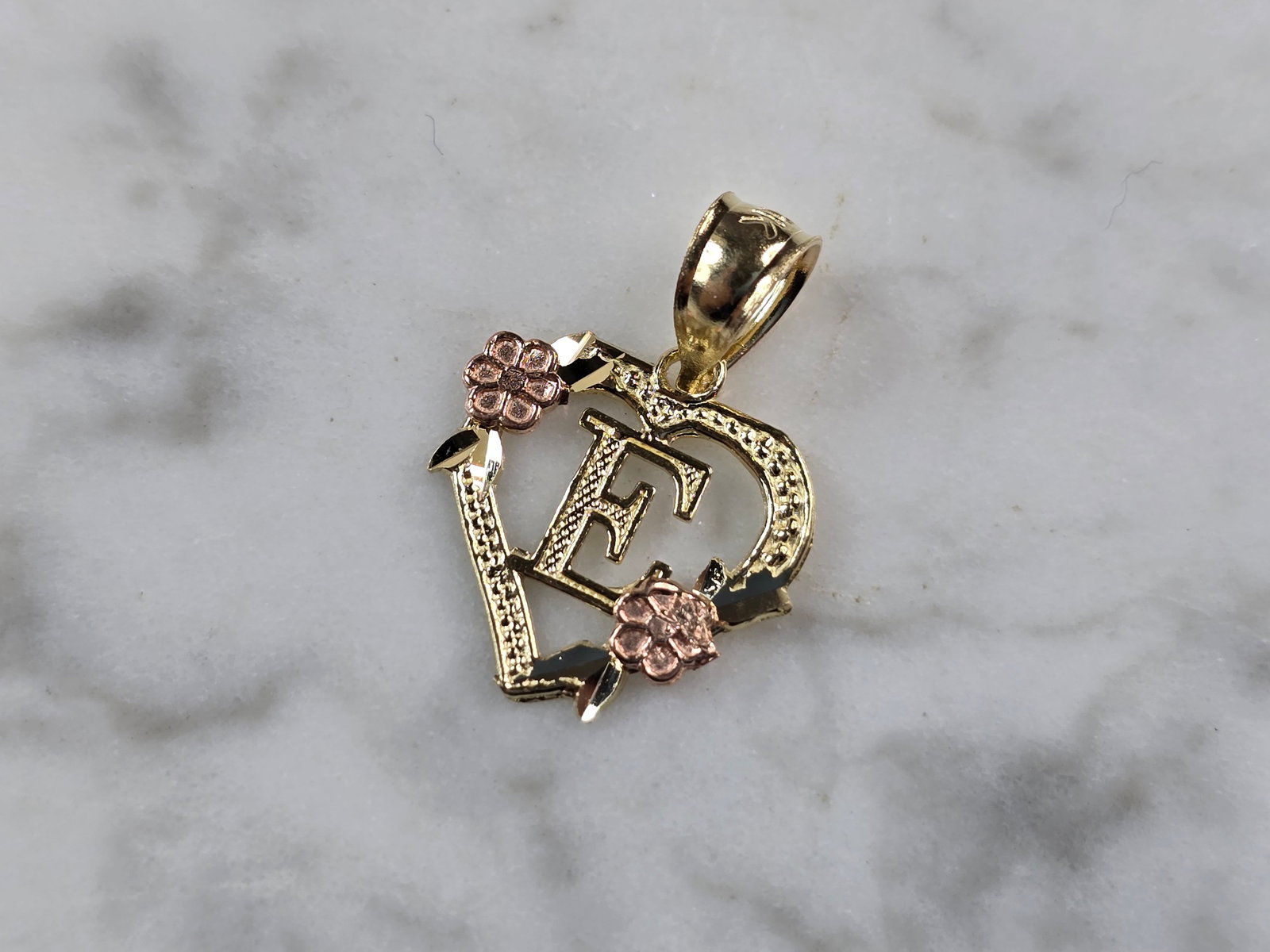 Womens 10K Yellow & Rose Gold Initial Letter " E "  Heart Pendant (1 of 3)