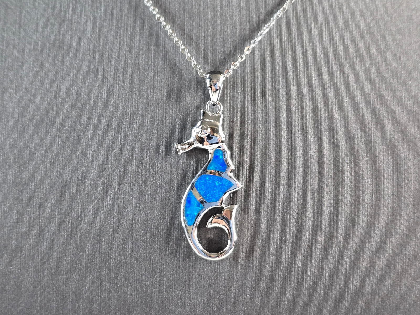 Womens Sterling Silver Blue Opal Seahorse Pendant Necklace (1 of 4)