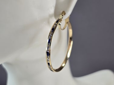 Womens 14K Yellow Gold Spinel & CZ Hoop Earrings