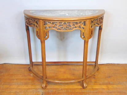 Antique Chinese Mahogany Half Moon Entrance Table: A FANTASTIC DECORATIVE ANTIQUE CHINESE MAHOGANY HALF MOON ENTRANCE TABLE. THE TABLE MEASURES 35 1/2" LONG BY 18" WIDE BY 31 1/2" TALL. CONDITION IS VERY NICE. JUST A GREAT DECORATORS PIECE. ONE OF THO