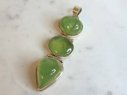 Womens Vintage Estate Sterling Silver Prehnite Pendant: FOR SALE IS THIS WOMENS VINTAGE ESTATE STERLING SILVER PREHNITE COLORED PENDANT . NOT SURE IF STONE IS REAL OR MAN MADE. PENDANT WEIGHS 29.2g AND PENDANT MEASURES 3 1/8" LONG BY 7/8" WIDE. MAKES A GRE