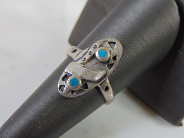 Womens Vintage Estate Sterling Silver Modern Abstract Turquoise Ring (1 of 5)