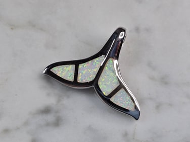 Womens Sterling Silver Opal Modernist Whale Tail Pendant