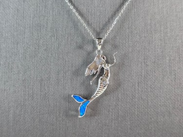 Womens Sterling Silver Blue Opal Mermaid Pendant Necklace