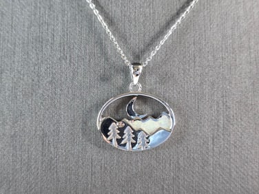 Womens Sterling Silver Opal Mountain Moon Tree Pendant Necklace