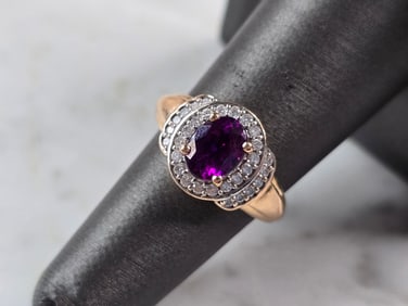 Womens Vintage Estate 14K Rose Gold Amethyst Diamond Ring