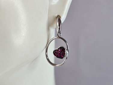 Womens Estate Sterling Silver Ruby Colored Heart Earrings