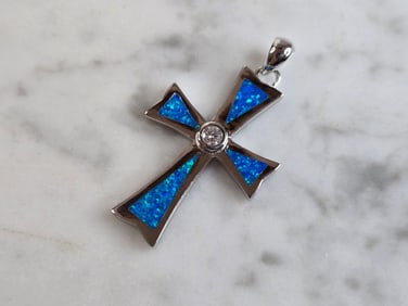 Womens Sterling Silver Blue Opal Religious Cross Pendant