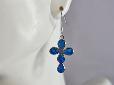 Womens Estate Sterling Silver Blue Opal Cross Earrings
