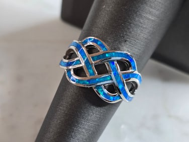 Womens Estate Sterling Silver Eternity Knot Blue Opal Ring