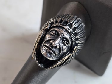 Mens Estate Sterling Silver Two Tone Chief Head Ring