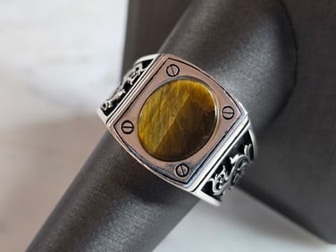 Mens Estate Sterling Silver Modernist Tigers Eye Ring
