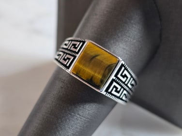 Mens Estate Sterling Silver Modernist Tigers Eye Ring