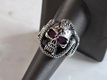 Mens Sterling Silver Ruby Eyed Goth Biker Skull Snake Ring