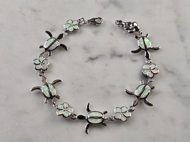 Womens Estate Sterling Silver Opal Sea Turtle Bracelet