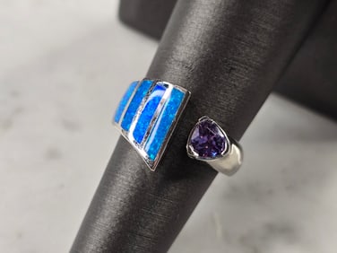 Womens Estate Sterling Silver Modernist Blue Opal Ring