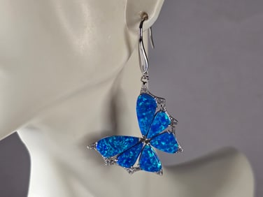 Womens Estate Sterling Silver Blue Opal Butterfly Earrings