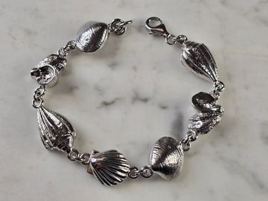 Womens Vintage Estate Sterling Silver Seashell Link Bracelet