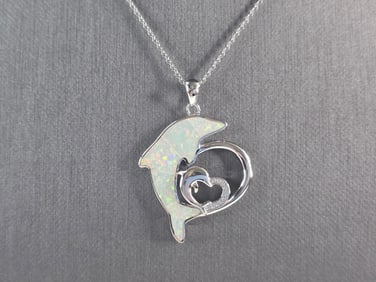 Womens Sterling Silver Opal Dolphin Pendant Necklace