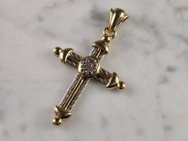 Vintage Estate 14K Yellow & White Gold Diamond Cross Pendant