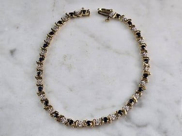 Womens Vintage Estate 14k Gold Diamond & Sapphire Tennis Bracelet