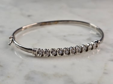 Womens Vintage Estate 14k White Gold CZ Bangle Bracelet