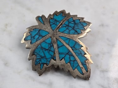 Womens Vintage Sterling Silver Turquoise Maple Leaf Brooch