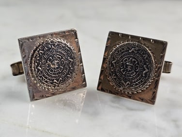 Mens Vintage Estate Sterling Silver Incan Mayan Calendar Cuff Links