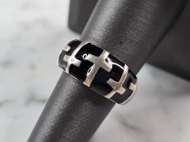 Womens Vintage Estate Sterling Silver Modernist Onyx Cross Ring