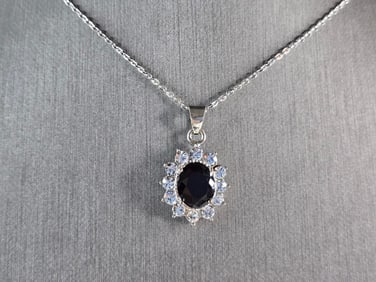 Womens Estate Sterling Silver Sapphire CZ Pendant Necklace