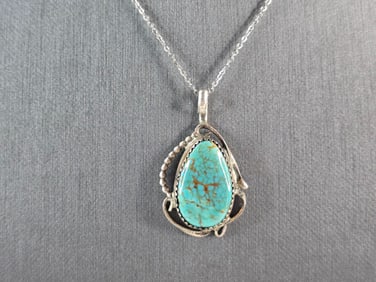 Womens Vintage Estate Sterling Silver Turquoise Pendant & Necklace